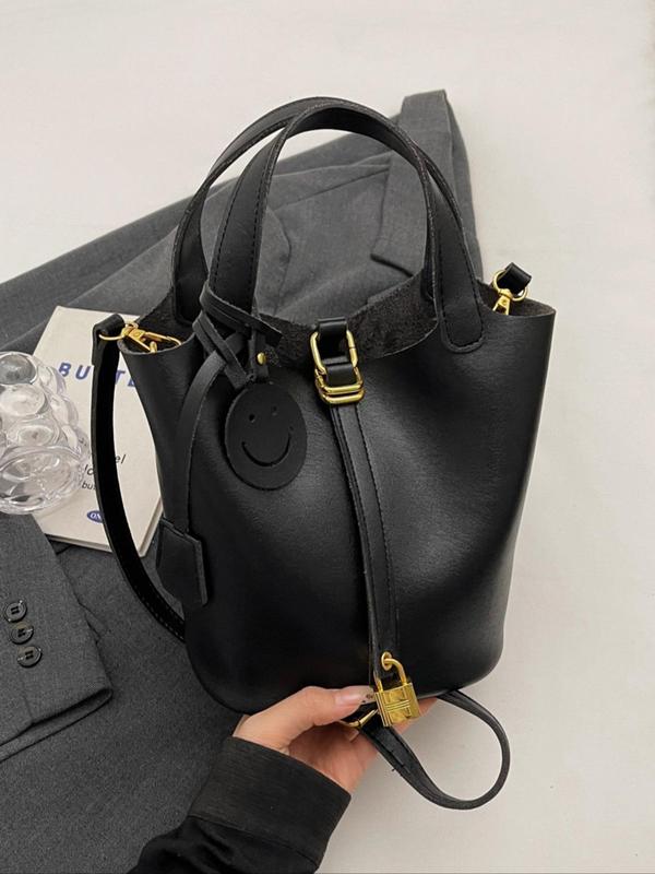 Women's Solid Color Bucket Bag, with Cute Bag Charm, Fashionable Simple Versatile Commuter Bag, Elegant Crossbody Bag for Women