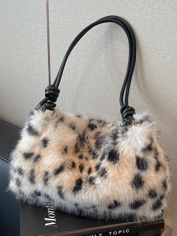 Women's Solid Color Leopard Pattern Furry Shoulder Bag, Fashionable Large Capacity Underarm Bag for Daily Used, Casual Trendy Versatile High-quality Daily Commuting Bag