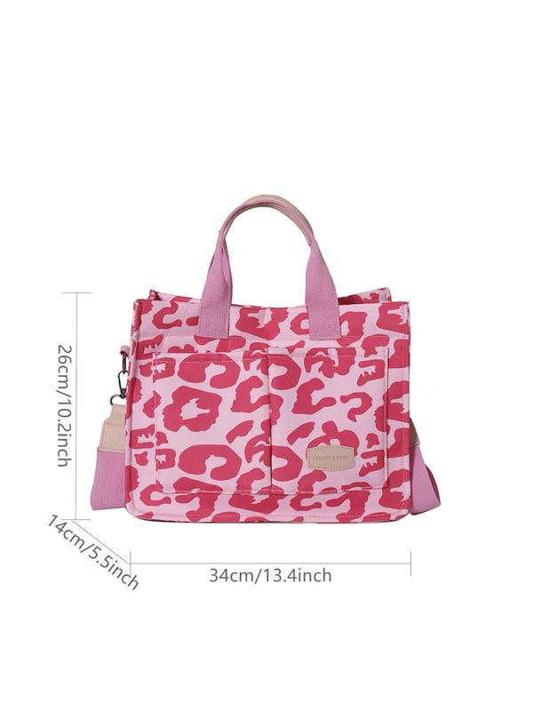 Fashion Leopard Pattern Tote Bag, Large Capacity Shoulder Bag for Women, Casual Letters Patched Decor Commuter Bag for Daily Used