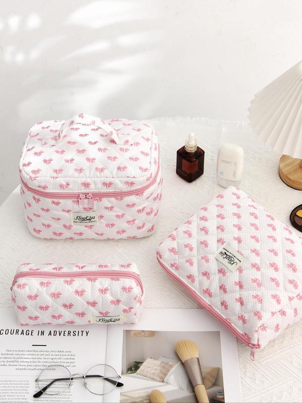 Cute Bow Pattern Design Makeup Bag Set, New Trend All Over Print Travel Toiletry Bag with Handle, Large Capacity Portable Cosmetic Bag Set for Daily Used