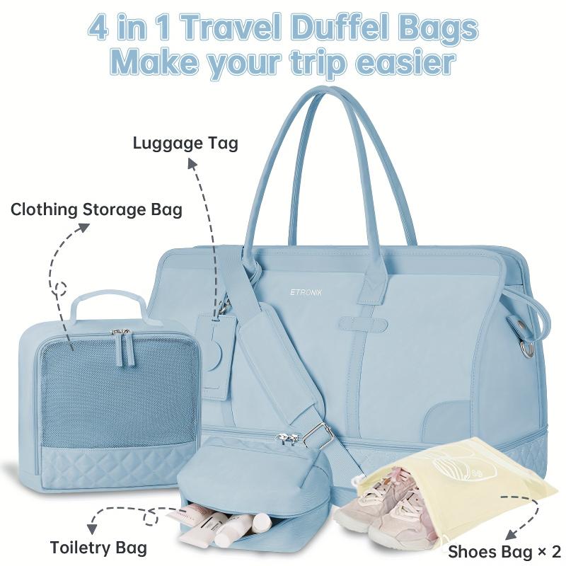 Weekender Overnight Bag for Women, Large Travel Duffle Bag with Shoe Compartment & Wet Pocket, Carry On Tote Bag Gym Duffel Bag with Toiletry Bag, Bag for Hospital 4 Pcs Set, Light Blue