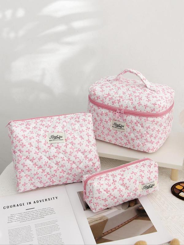 Cute Bow Pattern Design Makeup Bag Set, New Trend All Over Print Travel Toiletry Bag with Handle, Large Capacity Portable Cosmetic Bag Set for Daily Used