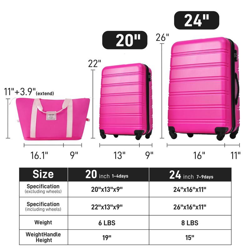 3-piece set of hard shell luggage+360 degree rotating suitcase with TSA lock, 20 