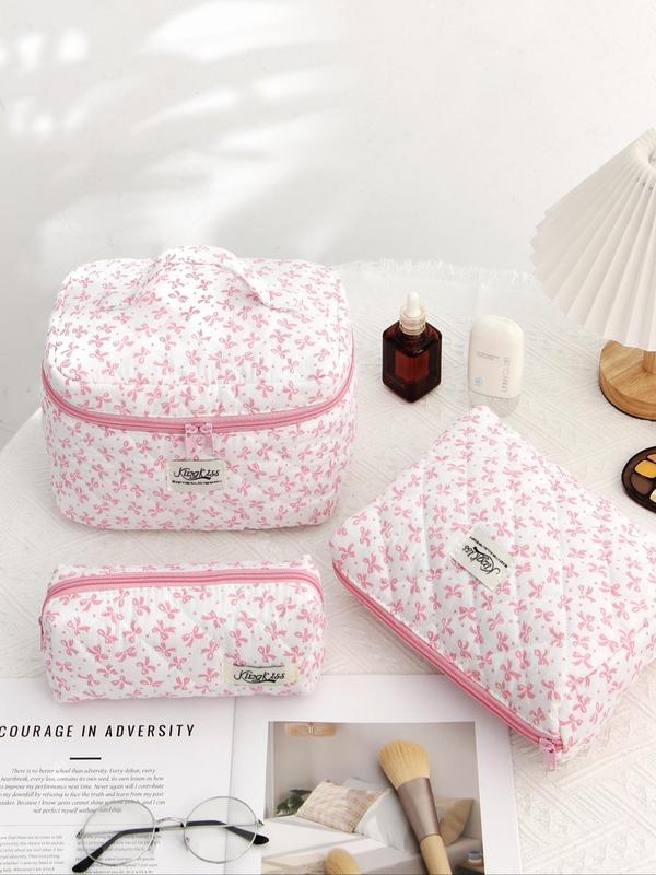 Cute Bow Pattern Design Makeup Bag Set, New Trend All Over Print Travel Toiletry Bag with Handle, Large Capacity Portable Cosmetic Bag Set for Daily Used