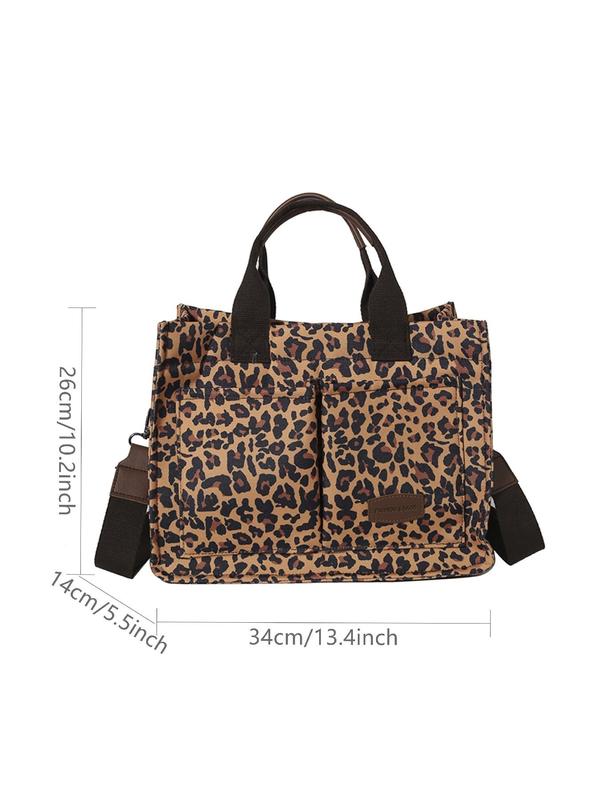 Fashion Leopard Pattern Tote Bag, Large Capacity Shoulder Bag for Women, Casual Letters Patched Decor Commuter Bag for Daily Used