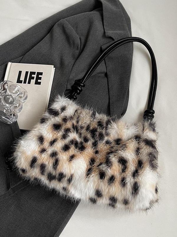 Women's Solid Color Leopard Pattern Furry Shoulder Bag, Fashionable Large Capacity Underarm Bag for Daily Used, Casual Trendy Versatile High-quality Daily Commuting Bag