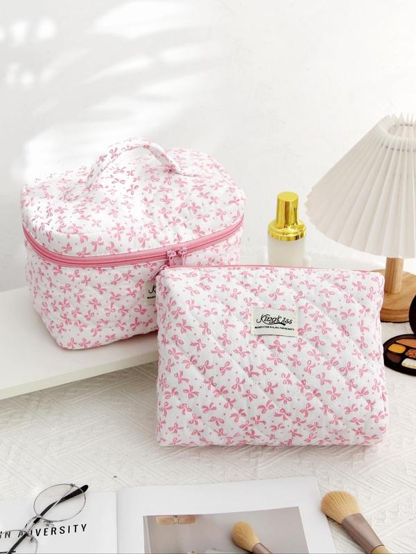 Cute Bow Pattern Design Makeup Bag Set, New Trend All Over Print Travel Toiletry Bag with Handle, Large Capacity Portable Cosmetic Bag Set for Daily Used