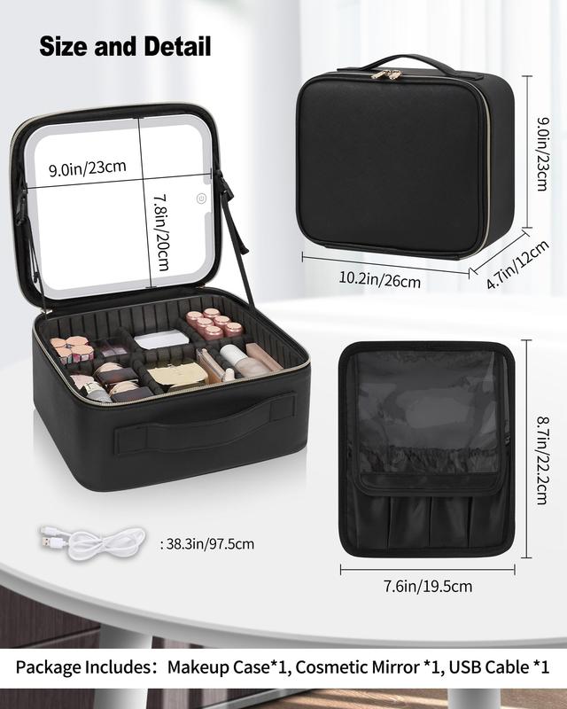 Makeup Bag With LED Mirror, Travel Makeup Case with Light up Mirror Large Cosmetic Case with 3 Color Lighted  with Adjustable Dividers