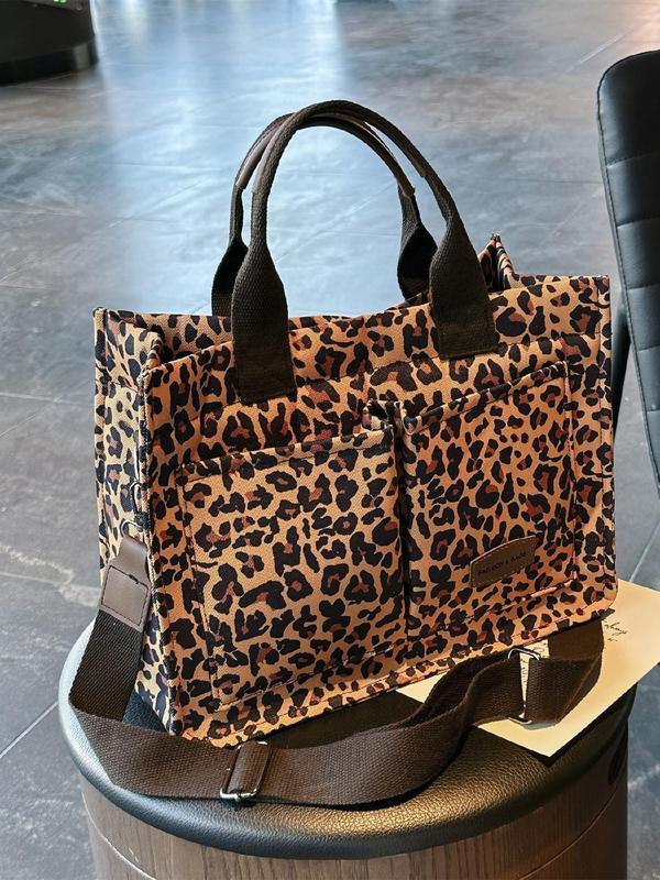 Fashion Leopard Pattern Tote Bag, Large Capacity Shoulder Bag for Women, Casual Letters Patched Decor Commuter Bag for Daily Used