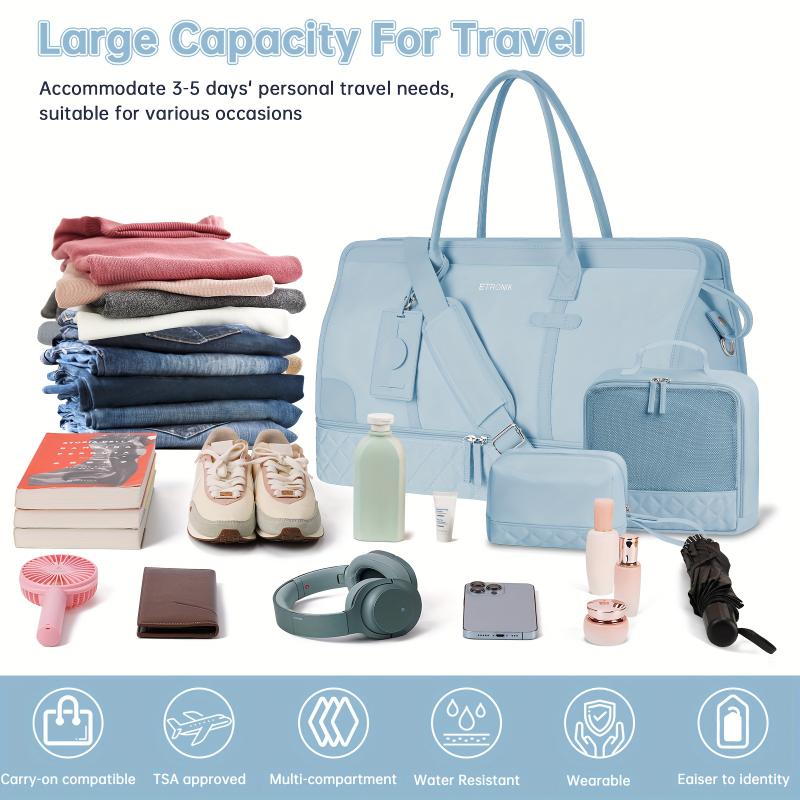 Weekender Overnight Bag for Women, Large Travel Duffle Bag with Shoe Compartment & Wet Pocket, Carry On Tote Bag Gym Duffel Bag with Toiletry Bag, Bag for Hospital 4 Pcs Set, Light Blue