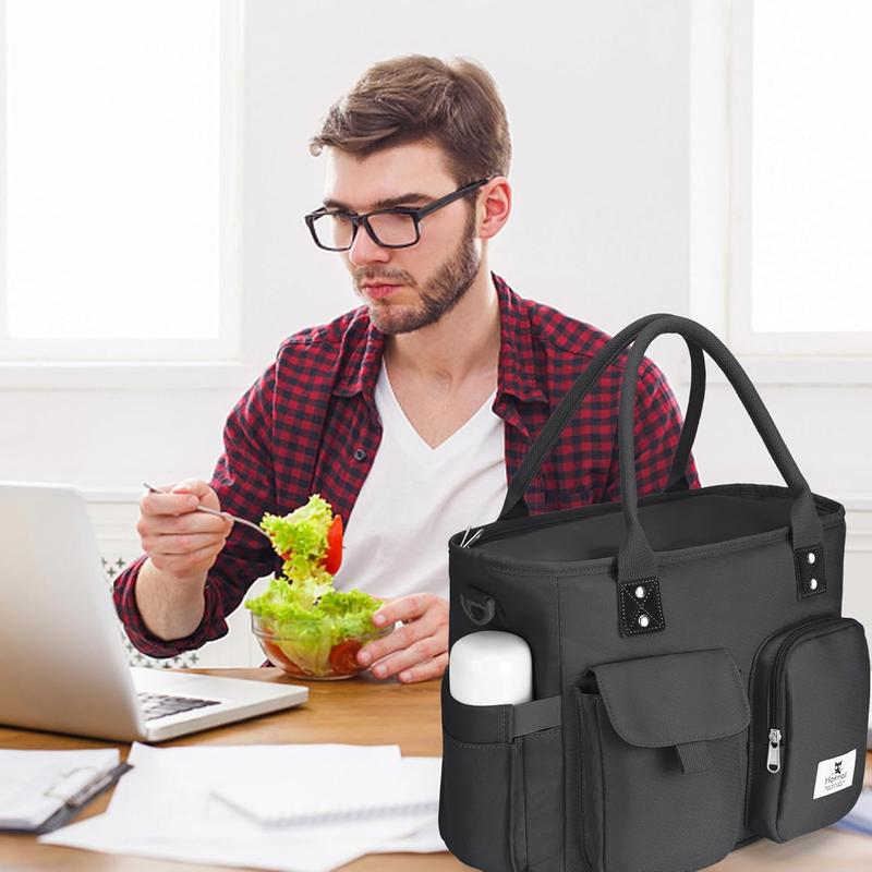 Large Insulated Lunch Bag for Women Men, Leakproof Lunch Box for Adults, Wide Opening Lunch Tote Bag with  Strap, Reusable Lunch Cooler Bag for Work, Picnic, Black