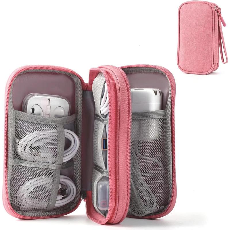 Travel electronic organizer pouch bag, 3 compartments portable electronic phone accessories storage multifunctional case for cable, cord, charger, hard drive, earphone (pink)