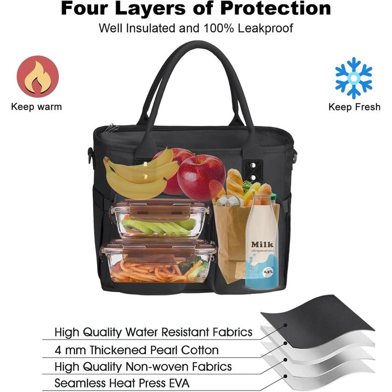 Large Insulated Lunch Bag for Women Men, Leakproof Lunch Box for Adults, Wide Opening Lunch Tote Bag with  Strap, Reusable Lunch Cooler Bag for Work, Picnic, Black