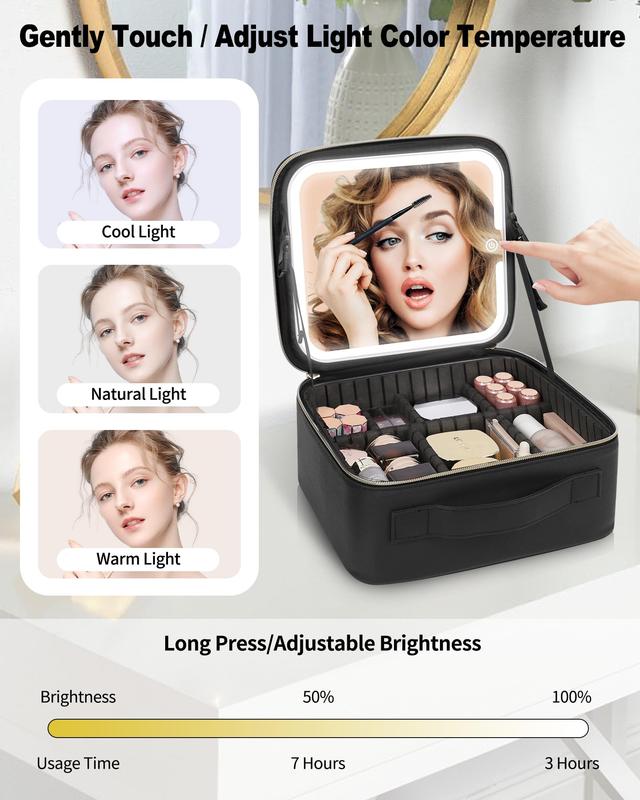 Makeup Bag With LED Mirror, Travel Makeup Case with Light up Mirror Large Cosmetic Case with 3 Color Lighted  with Adjustable Dividers