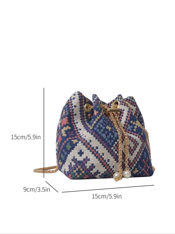 Women's Ethnic Style Geometric Pattern Drawstring Chain Bucket Bag, 2024 Boho Style Faux Pearl Decorated Crossbody Bag, All-match Commuter Bag for Work & Daily Used