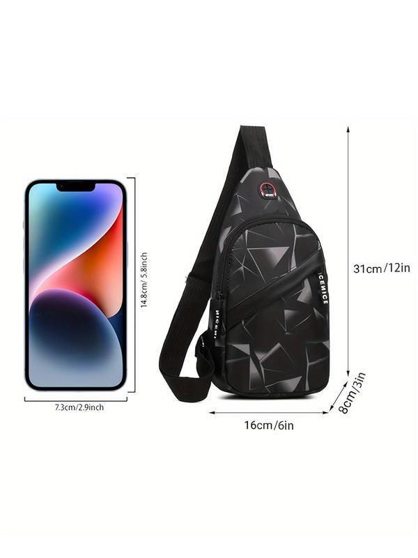 Men's Punk Style Geometric Pattern Zipper Chest Bag, Casual Nylon Sling Bag for Daily Used, Lightweight Shoulder Crossbody Bag for Outdoor Sports Travel