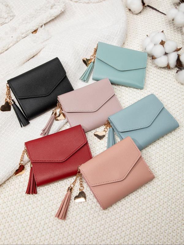 Women's Solid Color PU Leather Card Holder, with Tassel Decor, Fashionable Coin Purse, Casual Versatile Short Wallet for Daily Used