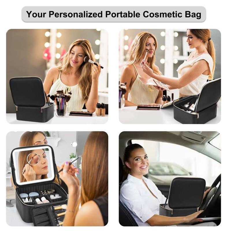 Travel Makeup Bag with LED Mirror, Cosmetic Bag Organizer Bag Makeup Case with Lighted Mirror 3 Color Lights, Adjustable Dividers