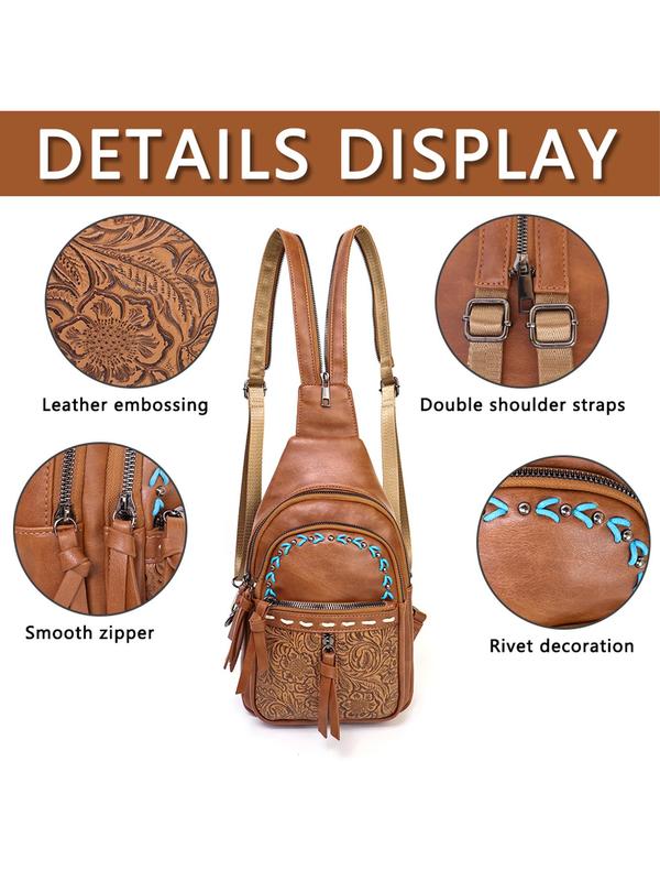 Boho Style PU Leather Chest Bag, Fashionable Floral Pattern Embossed Backpack with Adjustable Strap, Casual Trendy Versatile High-quality Daily Commuting Bag