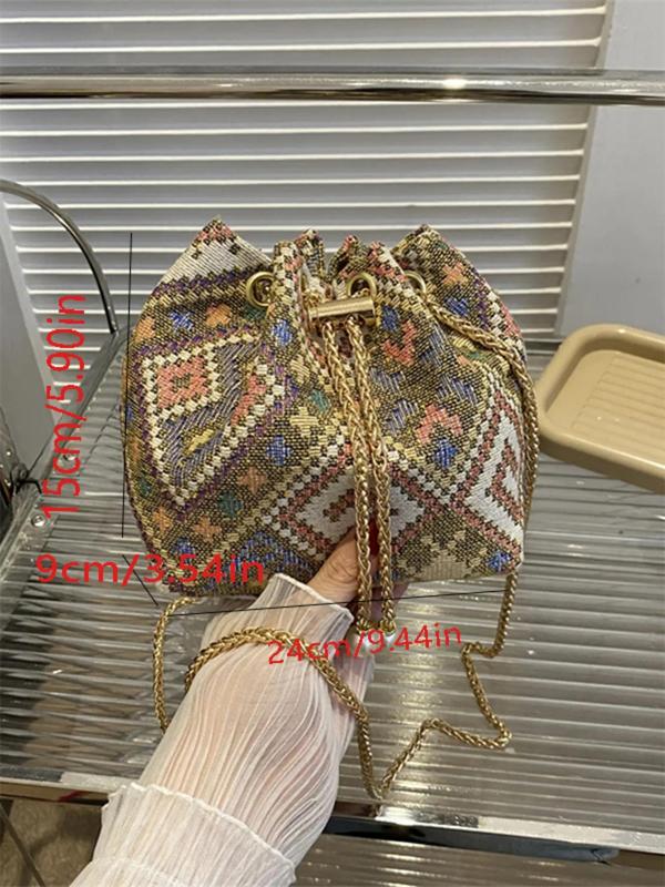 Women's Ethnic Style Geometric Pattern Drawstring Chain Bucket Bag, 2024 Boho Style Faux Pearl Decorated Crossbody Bag, All-match Commuter Bag for Work & Daily Used