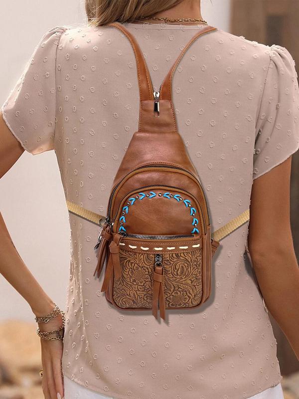 Boho Style PU Leather Chest Bag, Fashionable Floral Pattern Embossed Backpack with Adjustable Strap, Casual Trendy Versatile High-quality Daily Commuting Bag