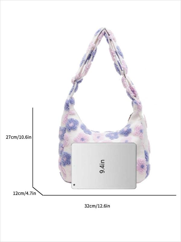 Women's Fashionable Floral Pattern Plush Tote Bag, Casual Large Capacity Shoulder Bag for Daily Used, Trendy All-match Bag for Commuters and Students