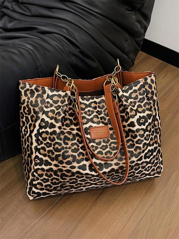 Women's Fashion Leopard Print Patched Design Tote Bag, Casual Large Capacity Shoulder Bag for Work & Daily Used, Trendy All-match Bag for Commuters and Students