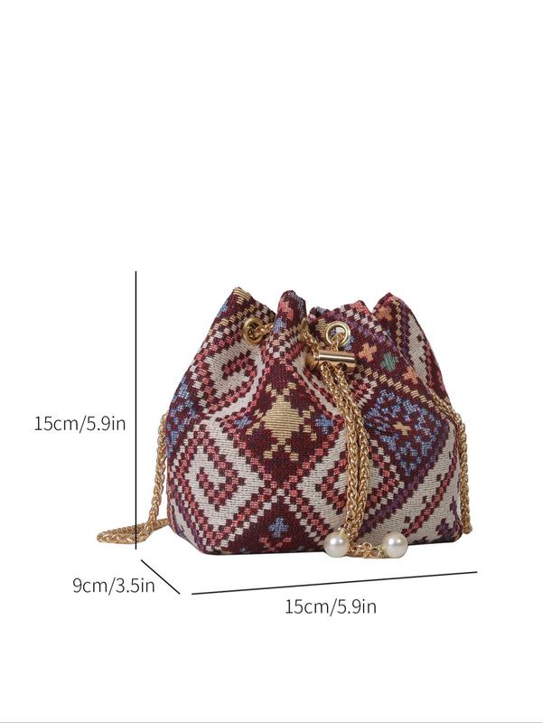 Women's Ethnic Style Geometric Pattern Drawstring Chain Bucket Bag, 2024 Boho Style Faux Pearl Decorated Crossbody Bag, All-match Commuter Bag for Work & Daily Used