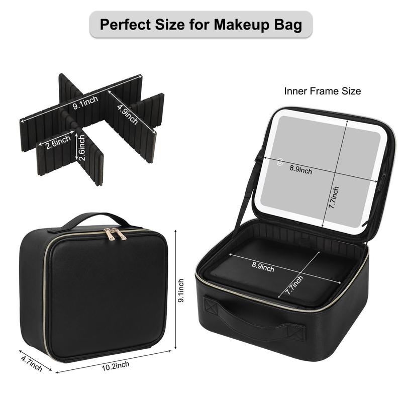 Travel Makeup Bag with LED Mirror, Cosmetic Bag Organizer Bag Makeup Case with Lighted Mirror 3 Color Lights, Adjustable Dividers