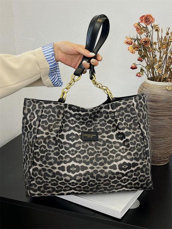 Women's Fashion Leopard Print Patched Design Tote Bag, Casual Large Capacity Shoulder Bag for Work & Daily Used, Trendy All-match Bag for Commuters and Students