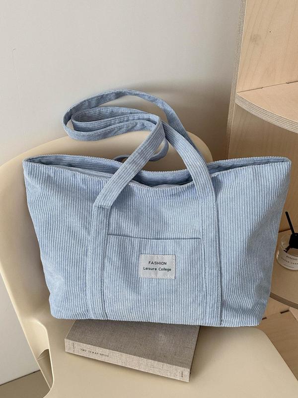 Casual Solid Color Large Capacity Everything Tote Bag, 2024 Letter Label Decorated Shoulder Bag for Women & Girls, Back To School Daily Commuting Work Bags for Women, Fall Outfits, Fall Freshness