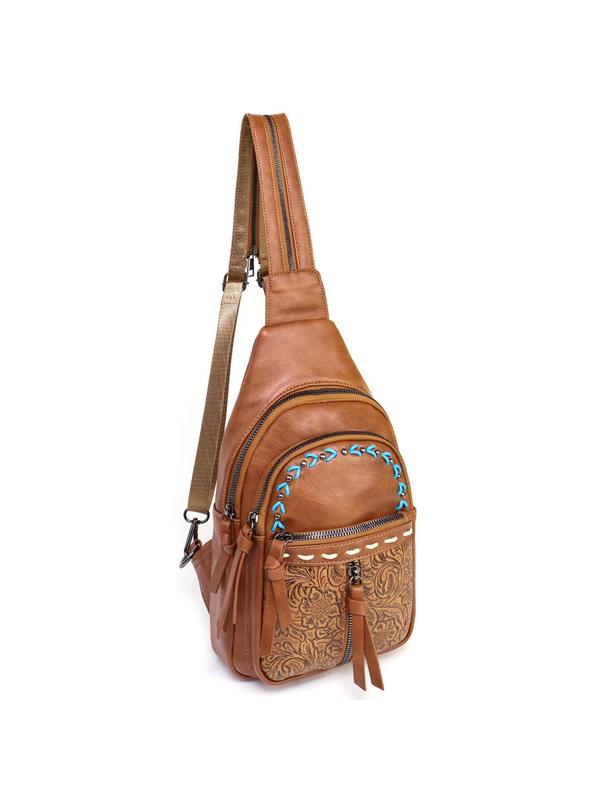 Boho Style PU Leather Chest Bag, Fashionable Floral Pattern Embossed Backpack with Adjustable Strap, Casual Trendy Versatile High-quality Daily Commuting Bag