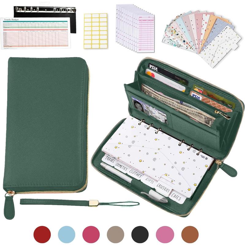 Envelope Wallet  Green All in One Budget System with 12x Tabbed  Envelopes, 12x Monthly Budget Cards,1x Yearly budget planner sheet Complete  Organizer Set for  RFID Blocking