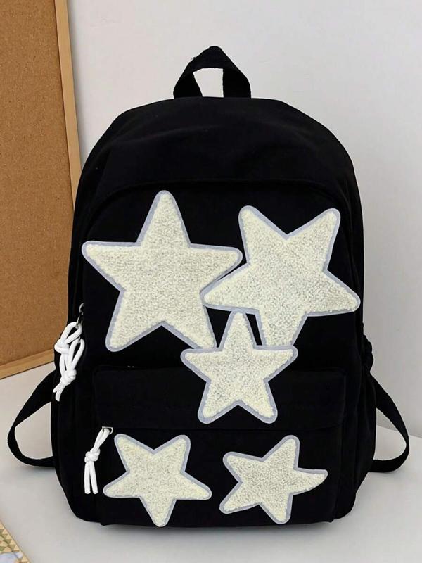 Unisex Preppy Style Star Patched Backpack, Casual Lightweight Large Capacity Backpack, Fashionable Classic Backpack for Daily, Travel, College Use