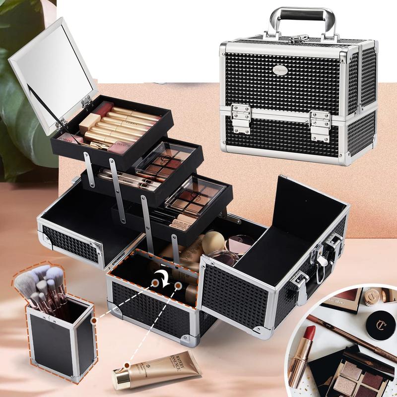 Joligrace Makeup Case with Mirror Large Makeup Box Organizer with Brush Holder 3 Trays Portable Cosmetic Travel Storage