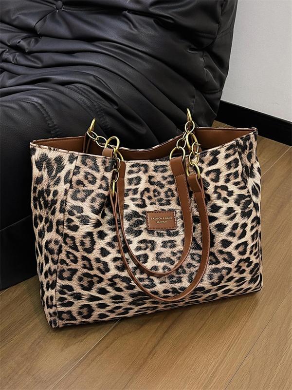 Women's Fashion Leopard Print Patched Design Tote Bag, Casual Large Capacity Shoulder Bag for Work & Daily Used, Trendy All-match Bag for Commuters and Students