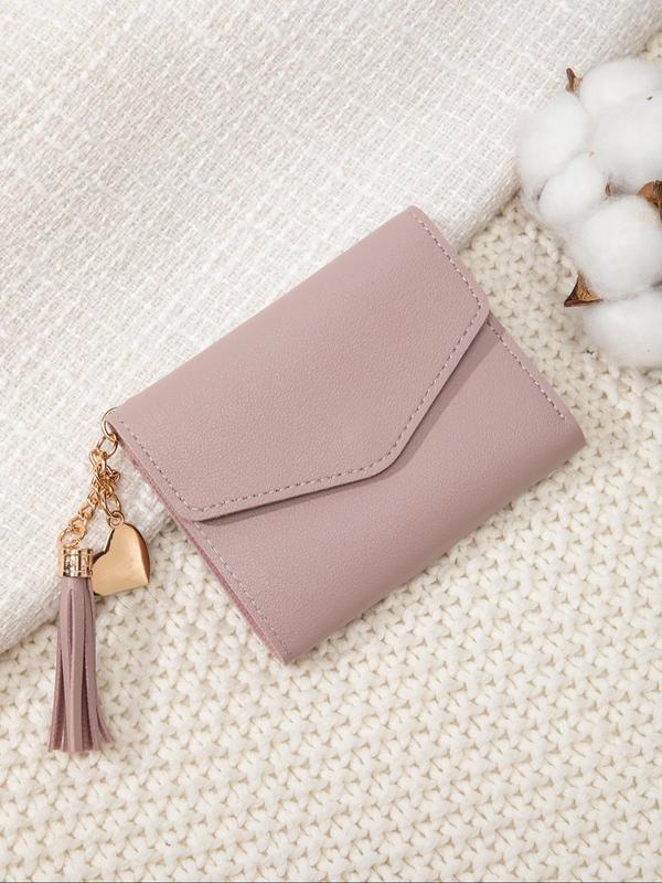 Women's Solid Color PU Leather Card Holder, with Tassel Decor, Fashionable Coin Purse, Casual Versatile Short Wallet for Daily Used