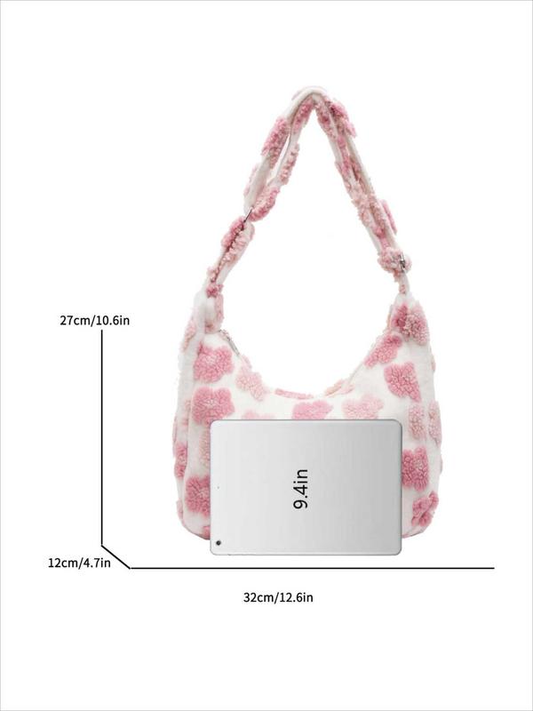 Women's Fashionable Floral Pattern Plush Tote Bag, Casual Large Capacity Shoulder Bag for Daily Used, Trendy All-match Bag for Commuters and Students