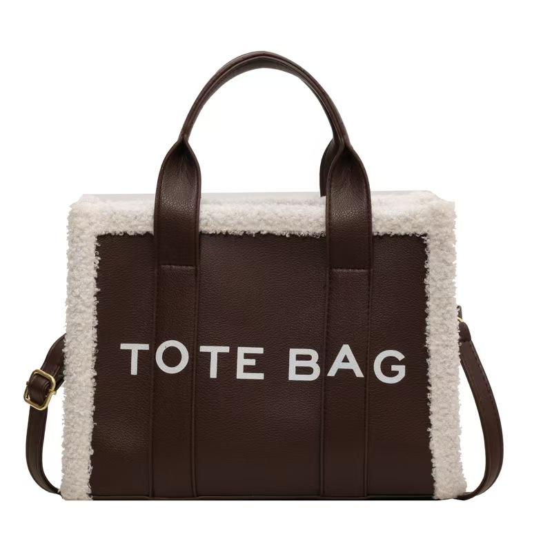 Women's Fashionable Contrast Faux Fur Design Letter Pattern Tote Bag, Casual Versatile Zipper Shoulder Bag for Daily Use