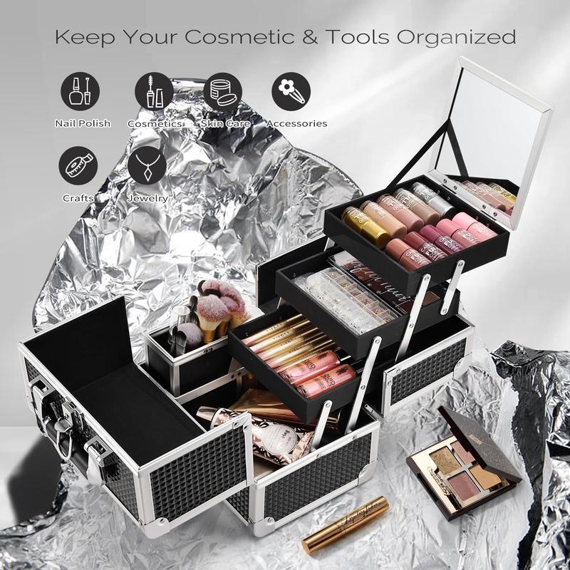 Joligrace Makeup Case with Mirror Large Makeup Box Organizer with Brush Holder 3 Trays Portable Cosmetic Travel Storage