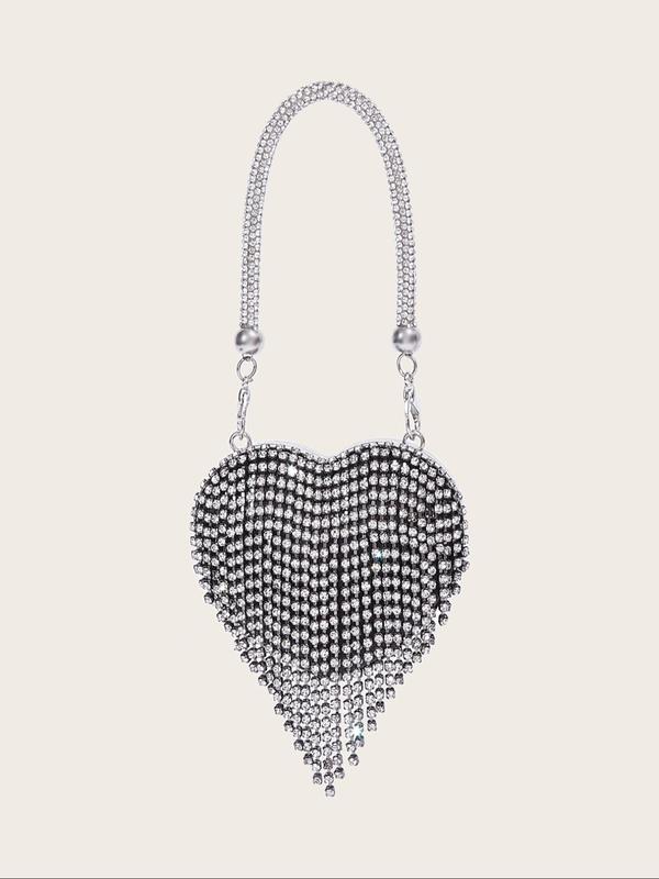 Women's Elegant Rhinestone Heart Shaped Evening Bag, Exquisite Trendy Tassel Decorated Handbag, Fashionable Bag for Party Decoration