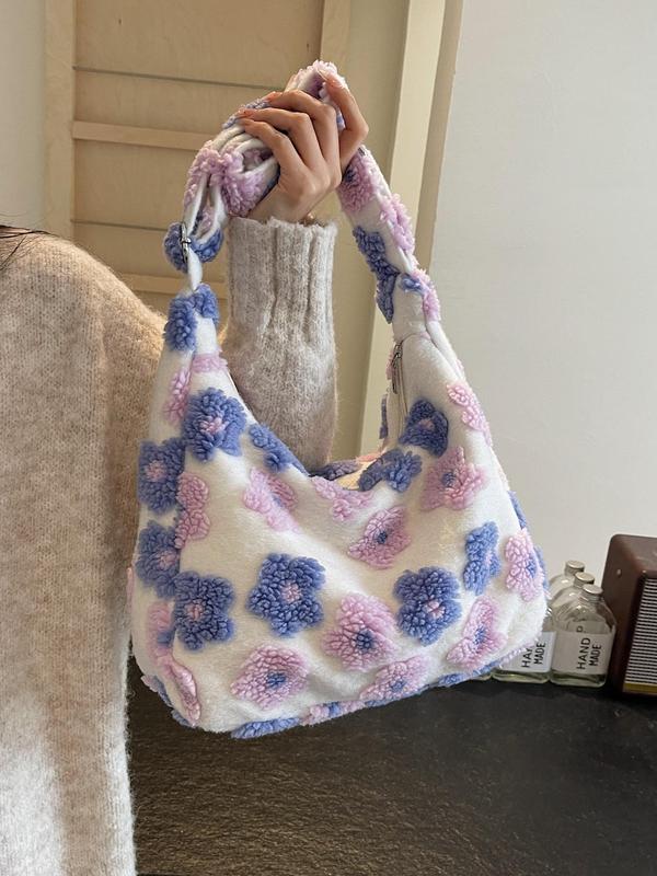 Women's Fashionable Floral Pattern Plush Tote Bag, Casual Large Capacity Shoulder Bag for Daily Used, Trendy All-match Bag for Commuters and Students