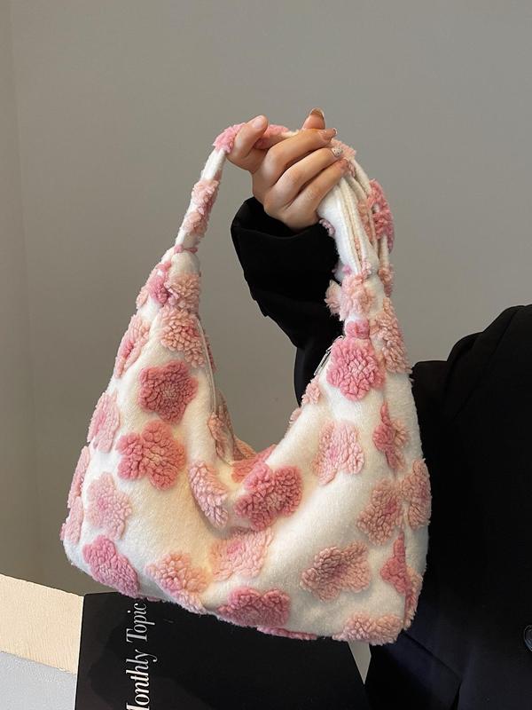 Women's Fashionable Floral Pattern Plush Tote Bag, Casual Large Capacity Shoulder Bag for Daily Used, Trendy All-match Bag for Commuters and Students