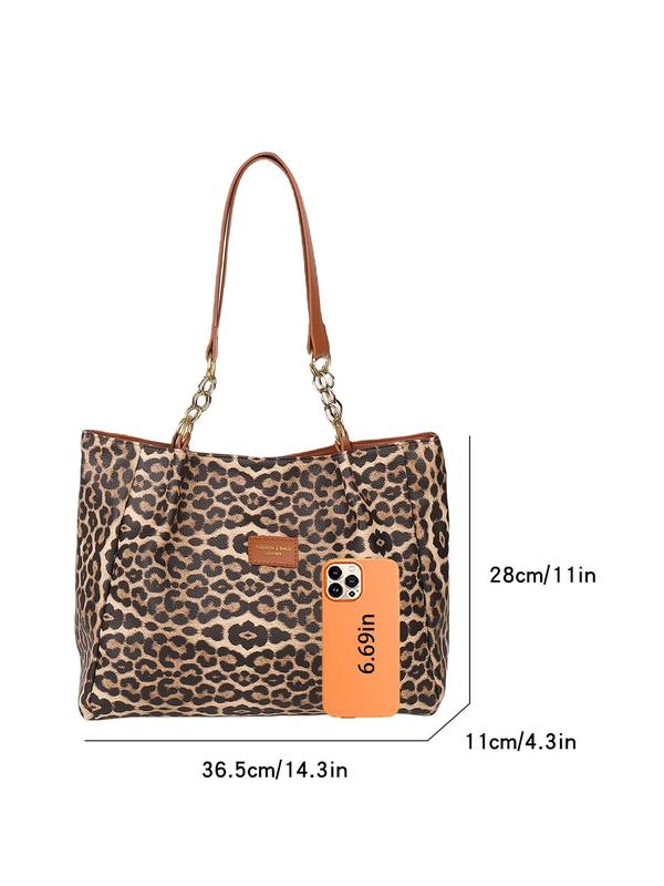 Women's Fashion Leopard Print Patched Design Tote Bag, Casual Large Capacity Shoulder Bag for Work & Daily Used, Trendy All-match Bag for Commuters and Students