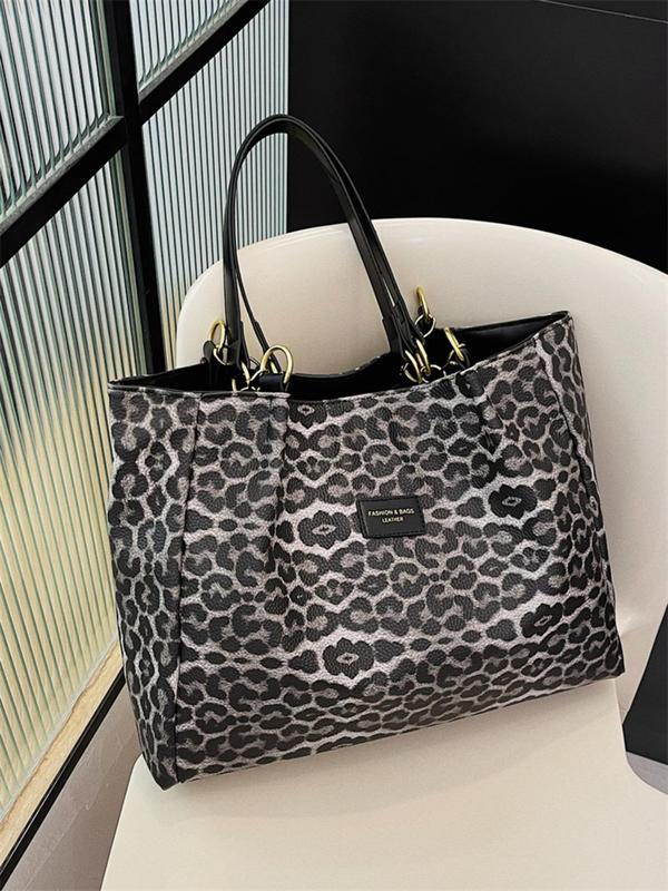 Women's Fashion Leopard Print Patched Design Tote Bag, Casual Large Capacity Shoulder Bag for Work & Daily Used, Trendy All-match Bag for Commuters and Students