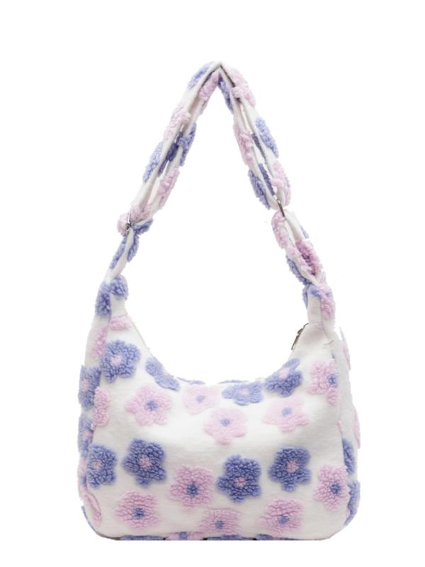 Women's Fashionable Floral Pattern Plush Tote Bag, Casual Large Capacity Shoulder Bag for Daily Used, Trendy All-match Bag for Commuters and Students