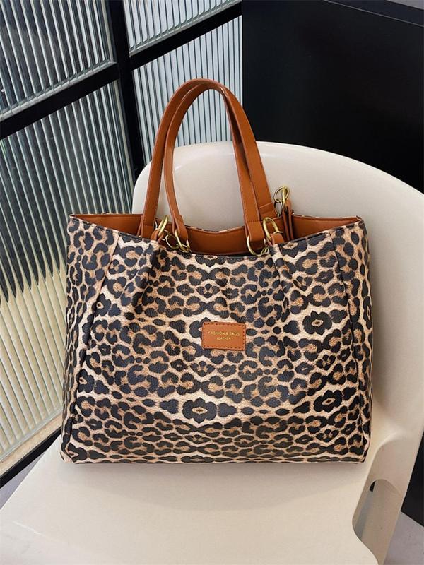 Women's Fashion Leopard Print Patched Design Tote Bag, Casual Large Capacity Shoulder Bag for Work & Daily Used, Trendy All-match Bag for Commuters and Students