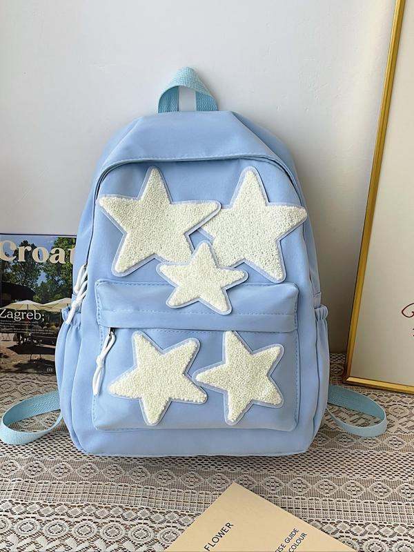 Unisex Preppy Style Star Patched Backpack, Casual Lightweight Large Capacity Backpack, Fashionable Classic Backpack for Daily, Travel, College Use