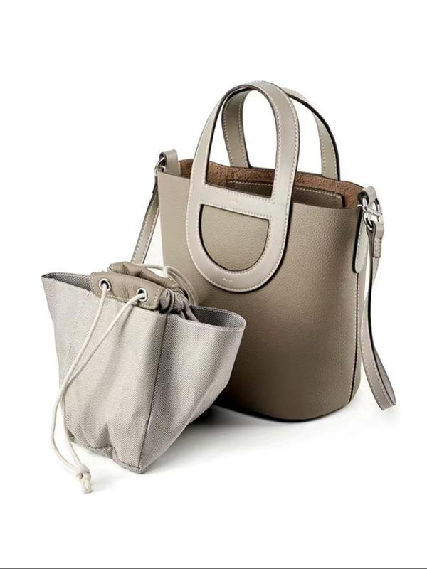 Women's Solid Color Textured Bucket Bag, with Drawstring Bag Inside, Fashionable Cowhide Handbag, Casual Versatile Shoulder Bag for Daily Used