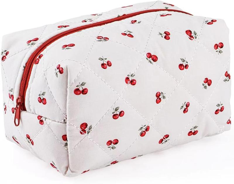 Floral Quilted Makeup Bag - Cute Cherry Design, Large Cosmetic Pouch for Travel - Fashionable and Coquette